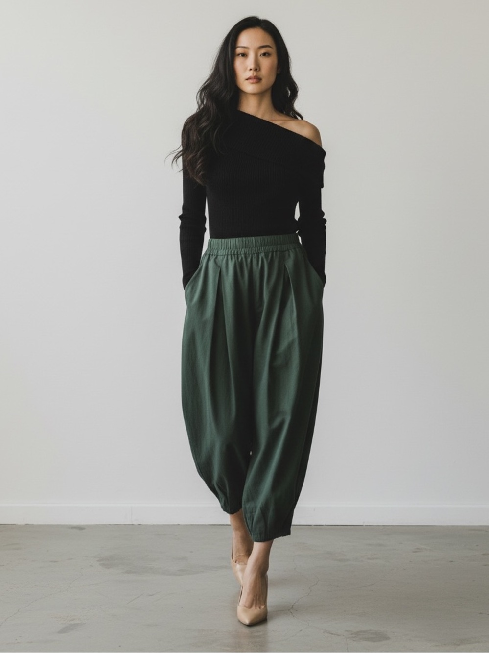 1619 • Dark Green 100% Cotton Loose Ankle Balloon Pants